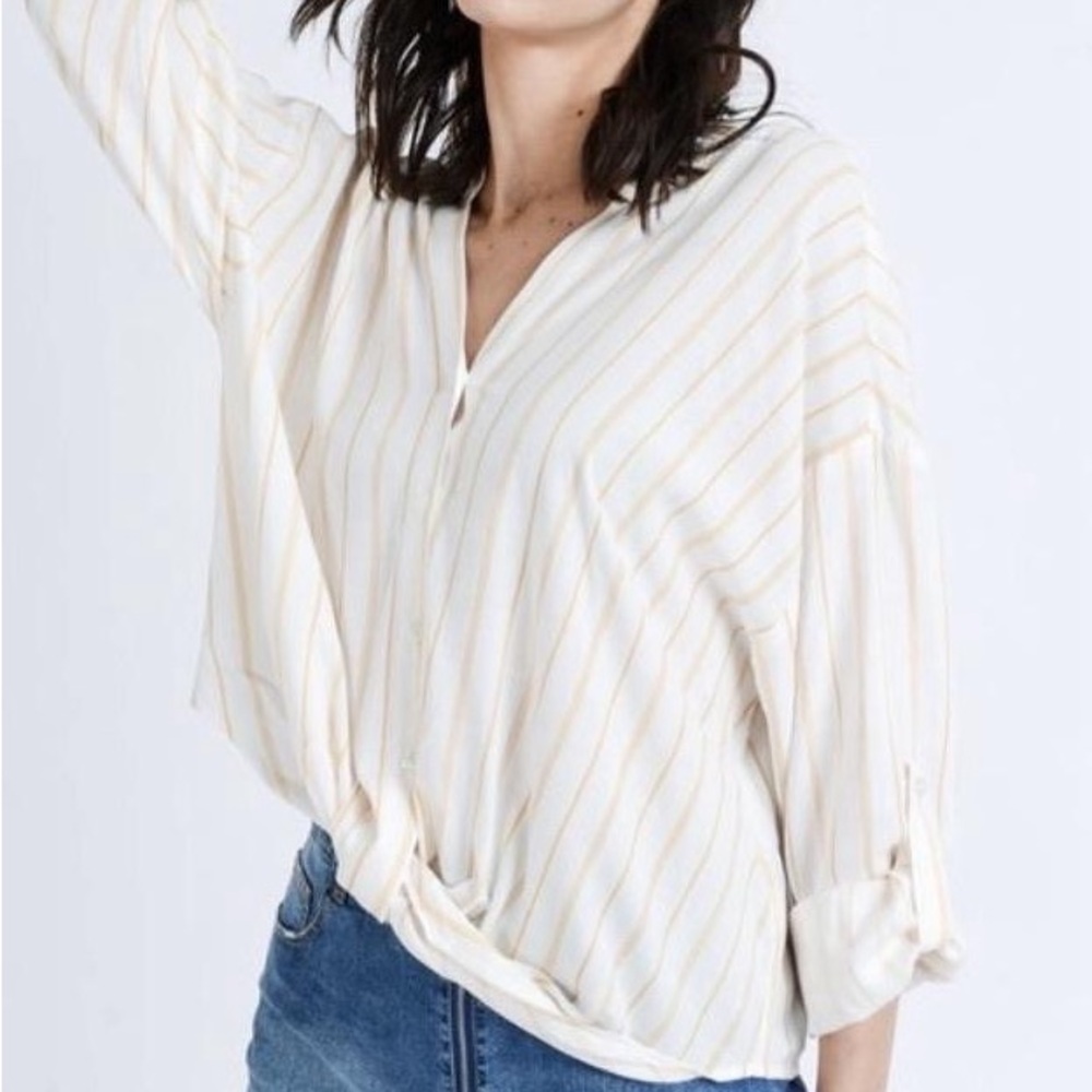 Love Tree Cream Cuffed Sleeve Blouse with Tie Front
